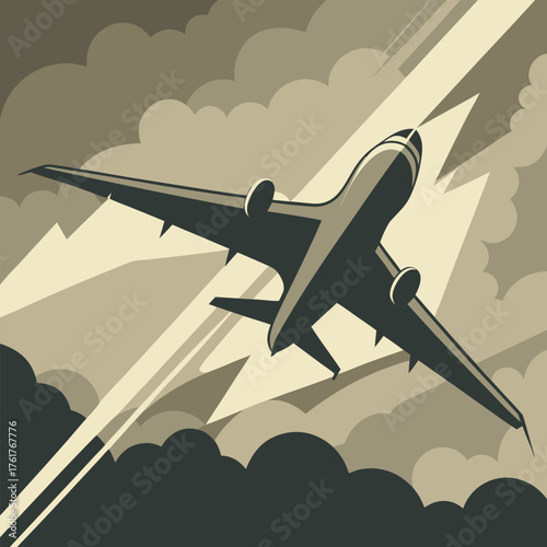 Silhouette of Airplane Flying Through Clouds in Sepia Tones