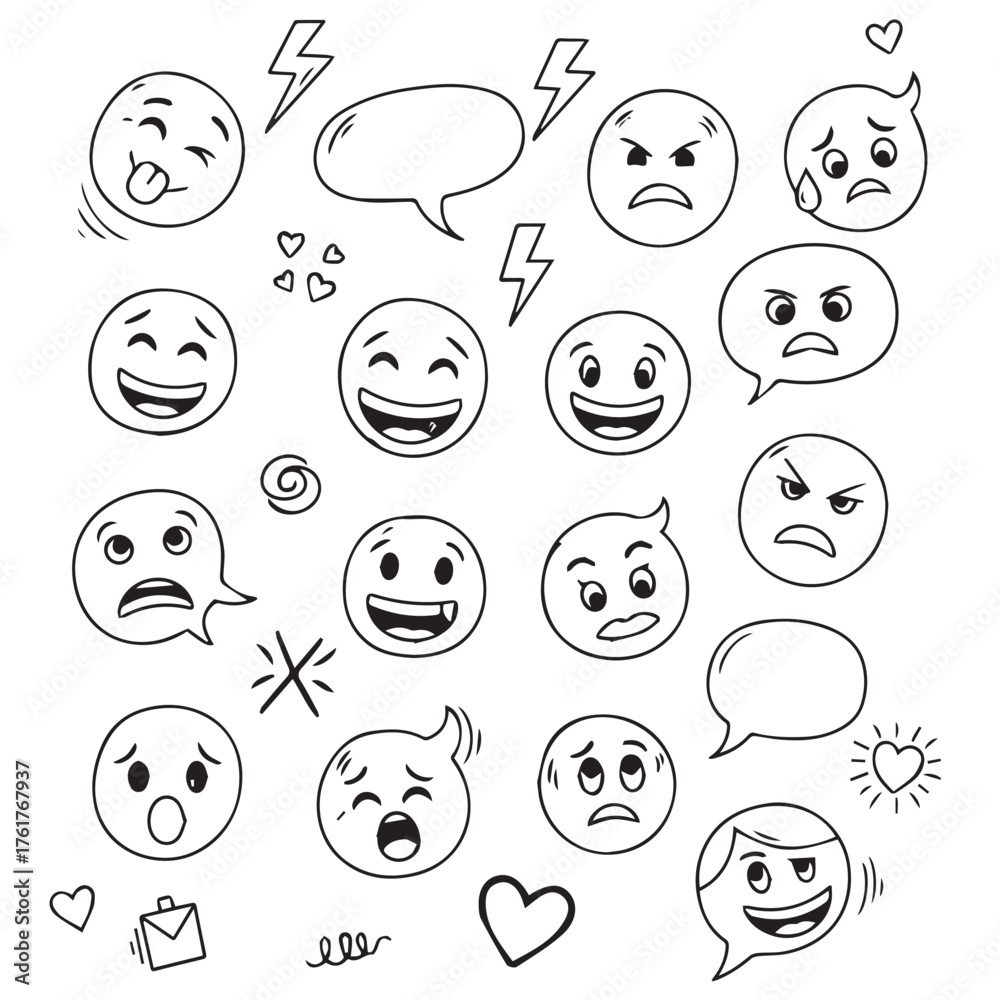 Fototapeta premium Collection of hand drawn doodle emoticons expressing various emotions and speech bubbles