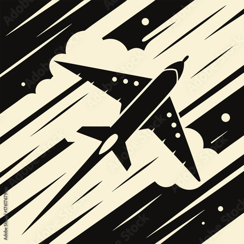 Silhouette of an Airplane in Flight Against Diagonal Lines