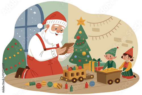Whimsical festive illustration of Santa Claus reviewing his naughty and nice list, assisted by diligent elves, surrounded by toys and festive decorations, capturing holiday cheer.