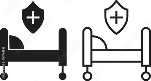Hospital bed icon set with medical healthcare symbols in flat and outline vectors illustration of patient bed, clinic equipment, emergency ward, intensive care, and hospital service designs concept.