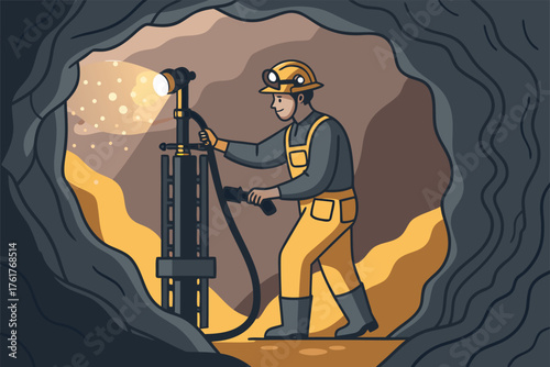 Detailed realistic photograph of a strong miner operating a powerful drilling machine deep underground in a dark, industrial mine shaft.