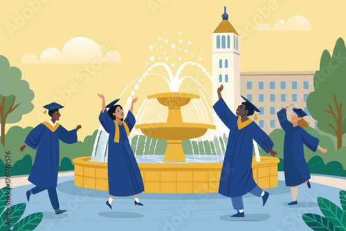 Graduation photo session in front of campus fountain.