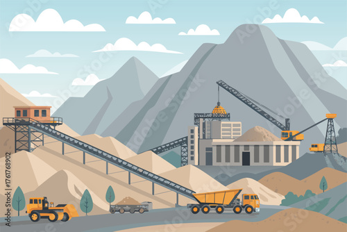 Vast mountain mining site, powerful excavators, massive trucks, intricate conveyor belt network transporting ore, industrial infrastructure, rugged terrain, aerial view, daylight operations.