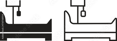 Hospital bed icon set with medical healthcare symbols in flat and outline vectors illustration of patient bed, clinic equipment, emergency ward, intensive care, and hospital service designs concept.