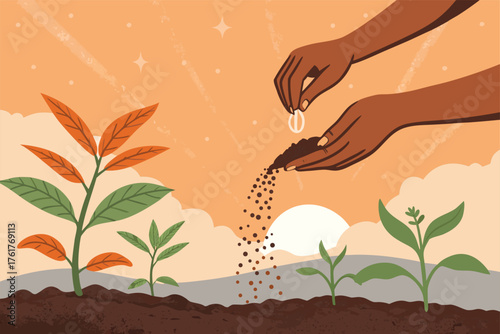 Hand sowing seeds into fertile soil, bright sun.