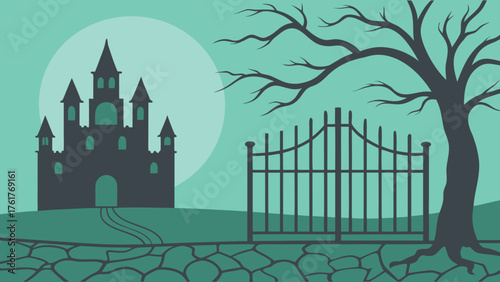 Haunted gothic castle in a spooky foggy landscape at night