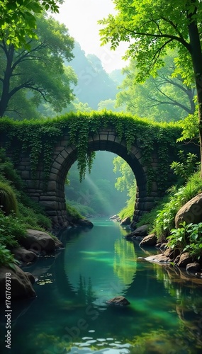 Serene Stone Bridge Reclaimed by Nature Lush Vines Drape Tranquil Waterway in Idyllic Wilderness Setting