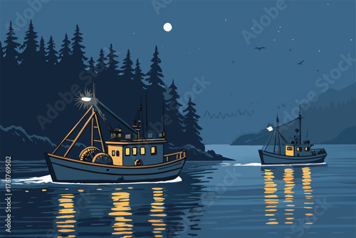 Night fishing scene, serene lake, moonlight, boat lamps casting warm glow, silhouettes of anglers, casting lines, gentle ripples, tranquil atmosphere, peaceful evening, night.