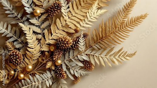 Elegant golden ferns and pinecones create a luxurious and festive arrangement