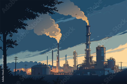 Industrial nightscape, illuminated oil refinery complex, glowing vapor plumes, atmospheric lighting, petrochemical plant, vast industrial landscape.