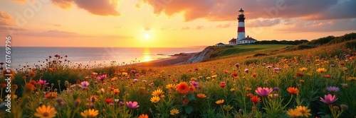 Majestic Sunset Lighthouse and Coastal Wildflower Meadow Serene Coastal Landscape Photography