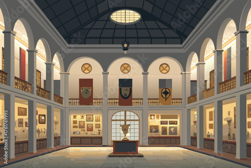 Historic World Cup museum with memorabilia, flat design.