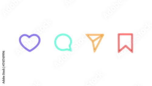 Set of colorful neon social media icons including a heart for likes comments share and save messages on a white background representing modern communication and engagement	