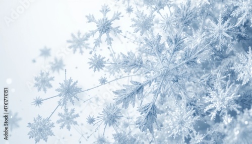 Close-up of intricate snowflakes on a pure white background, macro photography style.