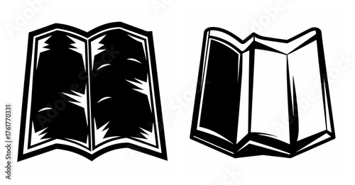 Two open folded maps hand drawn style icons representing travel exploration and navigation information guidance
