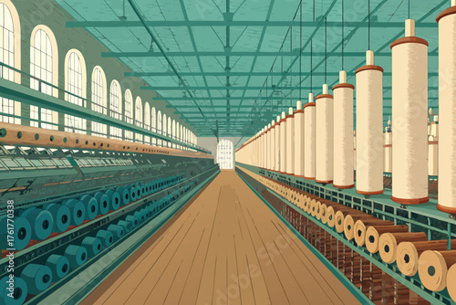 Industrial spinning room with many yarn bobbins.