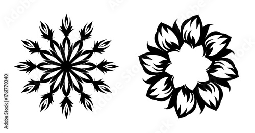 Intricate circular mandala designs featuring a starburst snowflake and a floral bloom arrangement