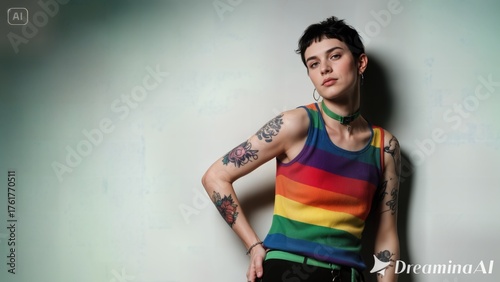 Confident Woman in Vibrant Colorful Patterned Suit Posing Joyfully