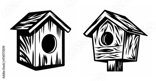 Two rustic black and white birdhouses featuring wooden texture and entrance holes artistic style