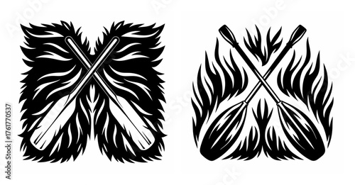 Two crossed oar paddles set against artistic fire flames symbol design artwork