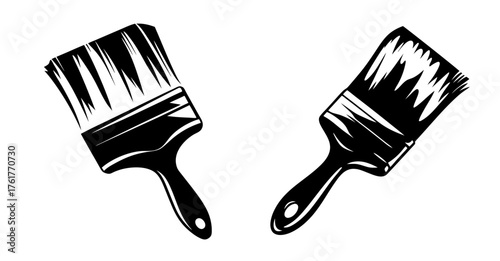 Two detailed black and white paint brushes artistically depicted with textured bristles and handles