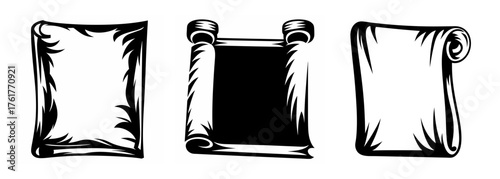Set of three sketchy parchment scrolls with empty space for text and decorative borders ideal for designs