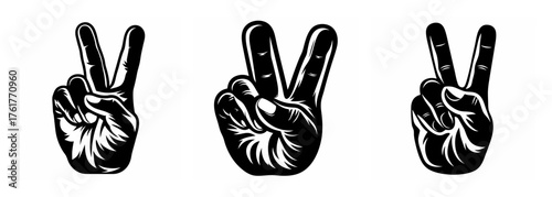 Three black and white hand gestures showing peace victory sign symbol isolated
