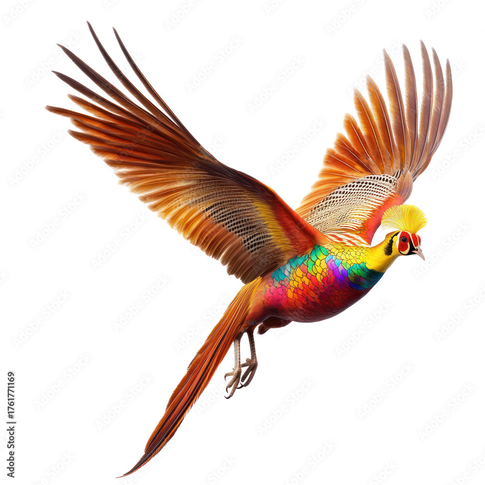 Obraz premium Golden Pheasant bird Flying full body view isolated on white or transparent background