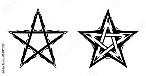 Two grunge-style pentagram symbols distinct geometric designs representing mysticism and the occult