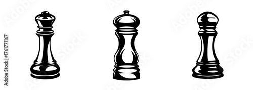 Three distinct chess pieces a queen a pepper mill and a bishop in a minimalist artistic depiction