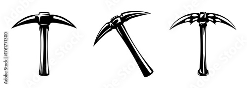 Three different styles of pickaxe tools for mining and construction projects displayed