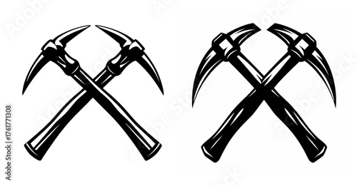 Two crossed pickaxes vintage style graphic symbol for mining exploration and hard labor tools