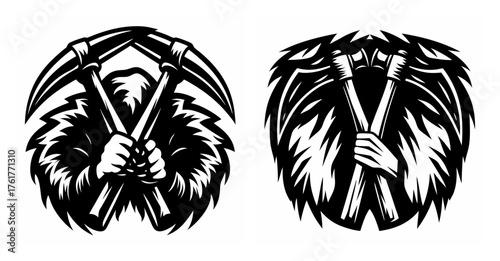 Grim reaper scythe emblem two variations facing each other symbol of death and finality graphic art