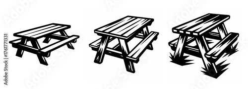 Three picnic tables of varying sizes rendered with a sketchy hand-drawn style isolated