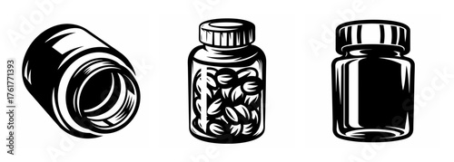 Three different pill bottle designs and contents depicted in a vintage graphic style