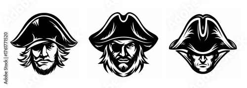 Three distinct pirate captain portraits with tricorne hats evoking adventure and maritime history