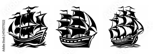 Three classic tall ships sailing on waves nautical maritime adventure discovery exploration sea voyage