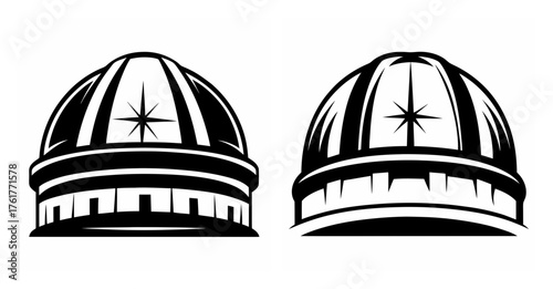 Two silhouette observatories with domes and star symbols representing astronomy and scientific exploration