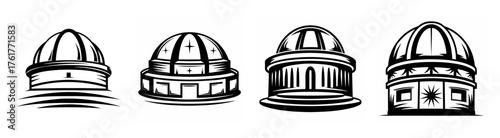 Row of four observatories domes buildings architectural line art style artistic representation buildings