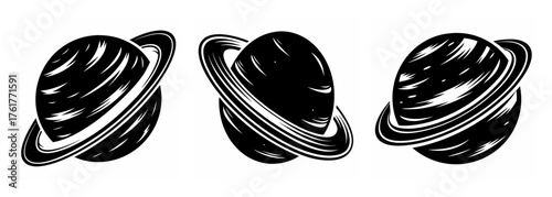 Three distinct views of a ringed planet showing its spherical form and celestial rings in monochromatic style