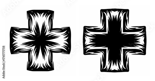 Two distinct graphic crosses with a textured brush stroke effect presented side by side