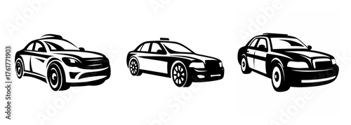 Line art representation of three distinct sedan style police cars showing front quarter views