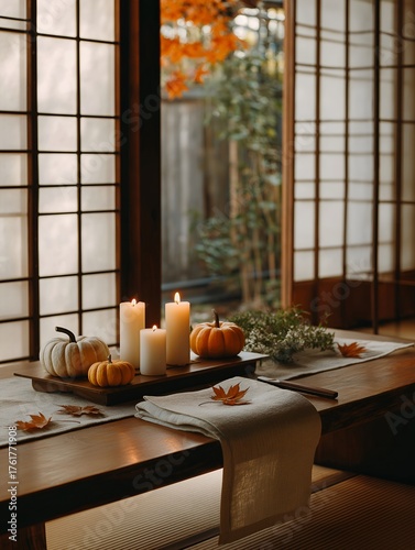 Thanksgiving table with pumpkins and candles near shoji window