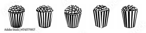 Five black and white sketch style popcorn buckets arranged horizontally for a classic movie snack visual