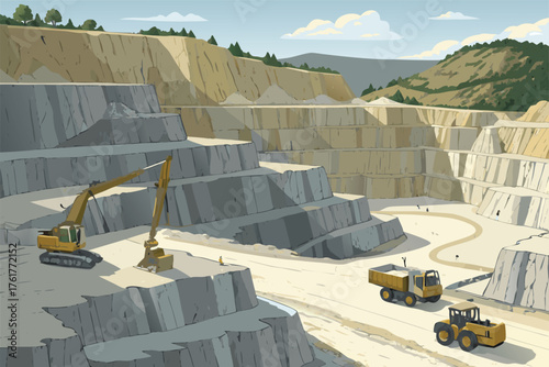 Massive quarry excavation, stratified sedimentary rock formations, heavy machinery operational, earth moving, industrial mining operation, daylight.