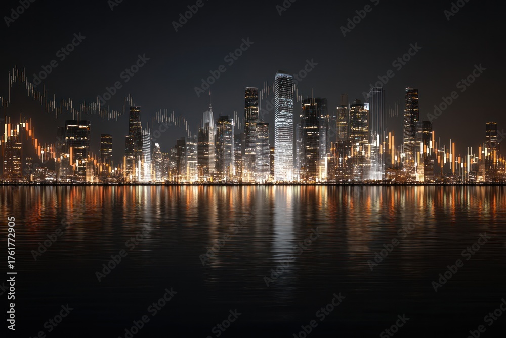Obraz premium City skyline with financial graph over water at night
