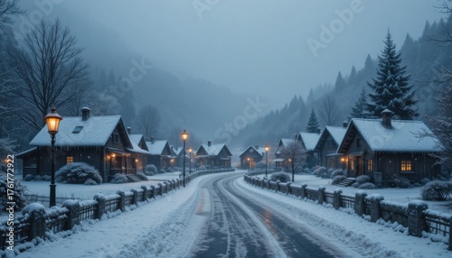 Fototapeta Naklejka Na Ścianę i Meble -  A small village during winter evening, snow gently falling, street lamps glowing softly through the mist.