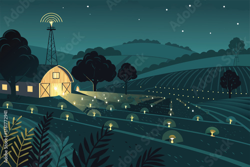 Night scene of a smart farm illuminated by sensors.