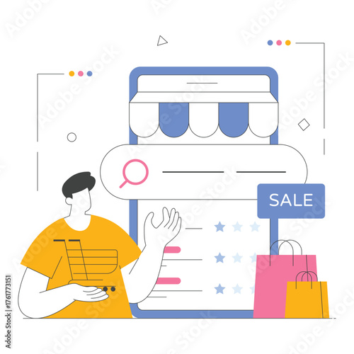 Mobile searching and buying product online Illustration
